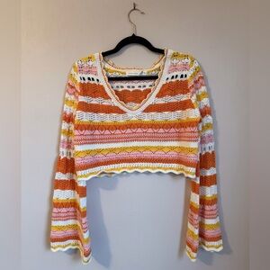 Altar’d State Crochet Crop Sweater | Boho Festival Top | Bell Sleeve Knit-Small